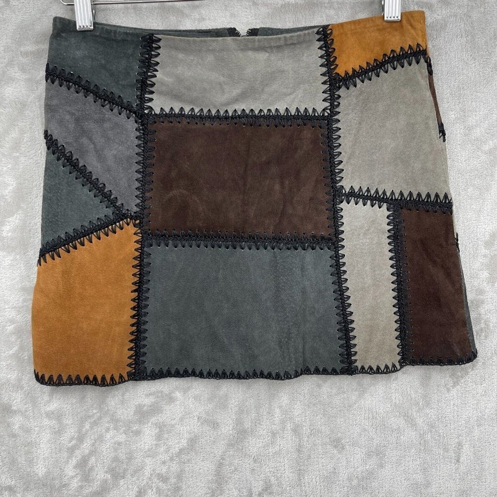 Zara Suede Leather Patchwork Mini Skirt Boho Retro 70s Mod Grey Brown